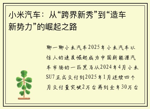 小米汽车:从“跨界新秀”到“造车新势力”的崛起之路 小米汽车:从“跨界新秀”到“造车新势力”的崛起之路