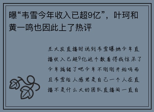 曝“韦雪今年收入已超9亿”，叶珂和黄一鸣也因此上了热评
