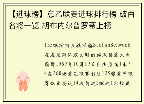 【进球榜】意乙联赛进球排行榜 破百名将一览 胡布内尔普罗蒂上榜