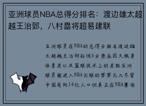 亚洲球员NBA总得分排名：渡边雄太超越王治郅，八村塁将超易建联