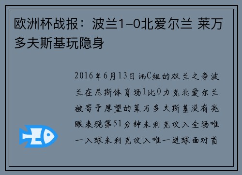 欧洲杯战报：波兰1-0北爱尔兰 莱万多夫斯基玩隐身